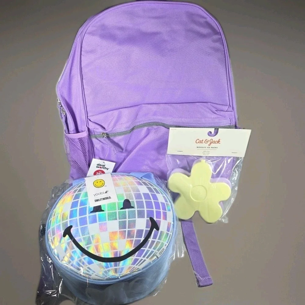 Back To School Set Purple Backpack Smiley Lunchbox And Ice packs New